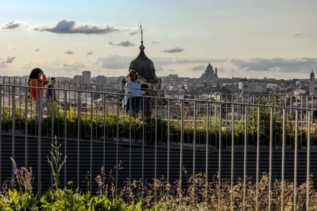 Végétation et vue panoramique de la terrasse ouest vers l'est au rooftop 58 à Bruxelles