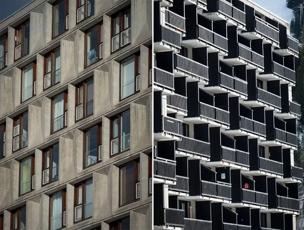 diptyque vertical montrant les détails géométriques des immeubles Bauhaus à Flaine, avec une photo centrée sur les fenêtres intégrées dans le béton et une autre sur les lignes verticales et les balcons