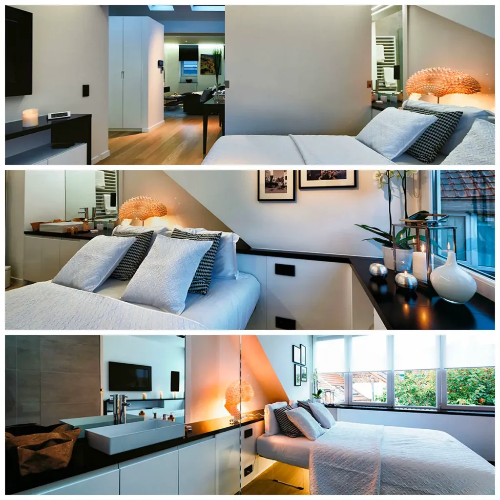 Triptyque photo de la suite parentale et de la salle de bains dans l appart hôtel de luxe Charles Home à Bruxelles