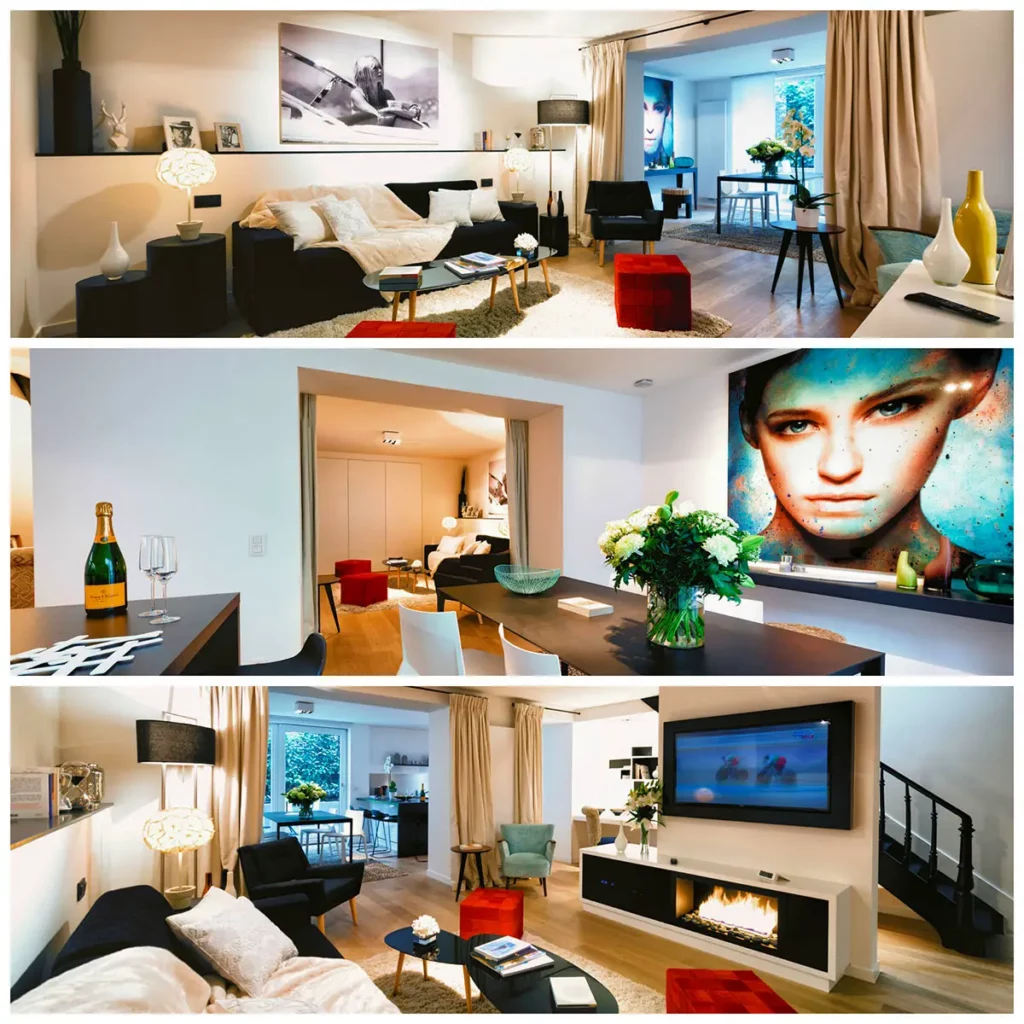 Triptyque photo montrant le mobilier design et la décoration soignée des appart-hôtels Charles Home de luxe à Bruxelles
