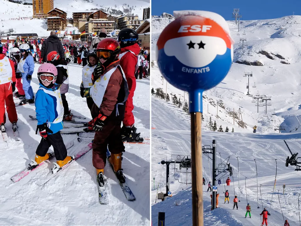 Diptyque illustrant les enfants en cours de ski et les repères de l'École de Ski Français (ESF) à Orcières Merlette 1850 dans les Hautes-Alpes