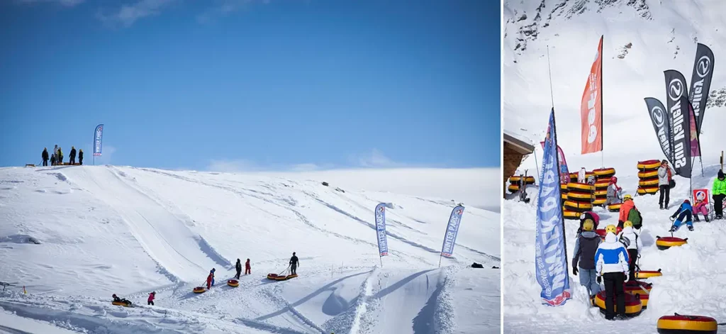 Diptyque présentant l'aire de départ et les pistes de bouées-luge du Winterpark à Orcières Merlette 1850 dans les Hautes-Alpes