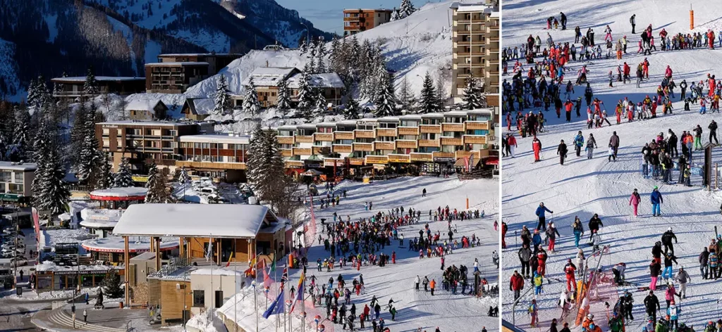 Diptyque illustrant le front de neige animé et les résidences de la station d'Orcières Merlette 1850 dans les Hautes-Alpes