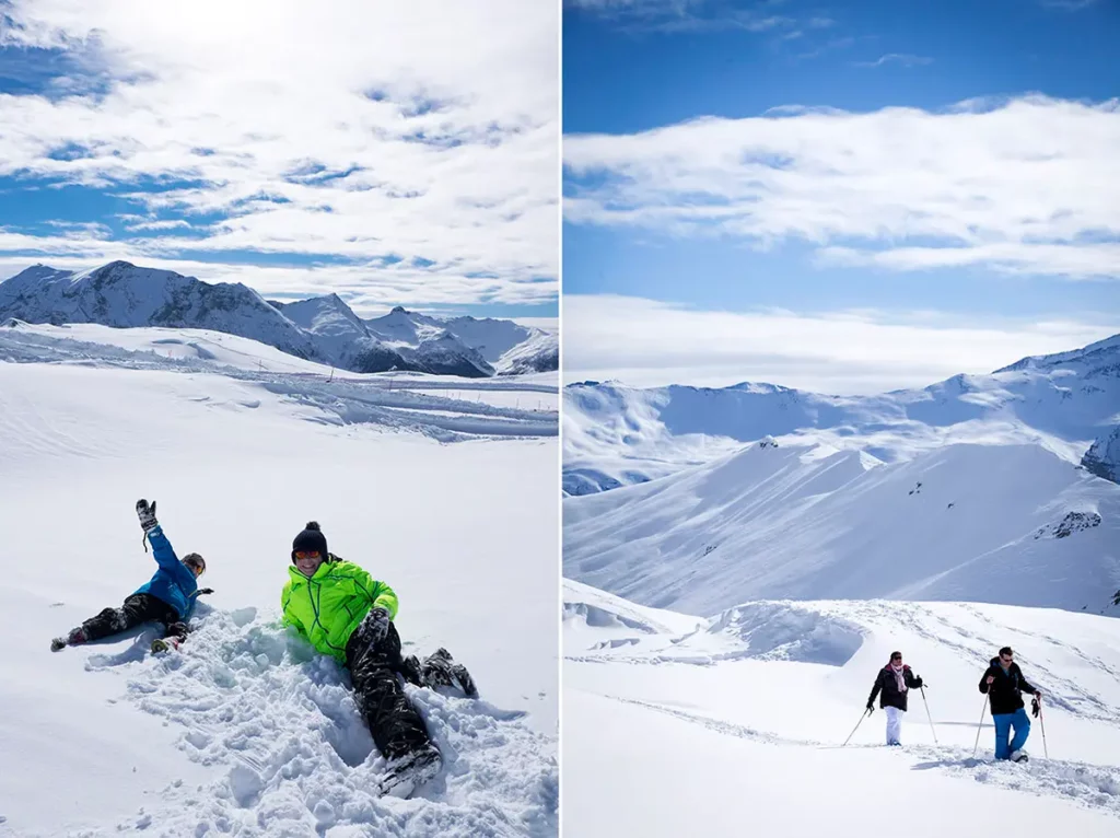 Diptyque illustrant la détente dans la neige et une randonnée en raquettes face aux sommets d'Orcières Merlette 1850 dans les Hautes-Alpes