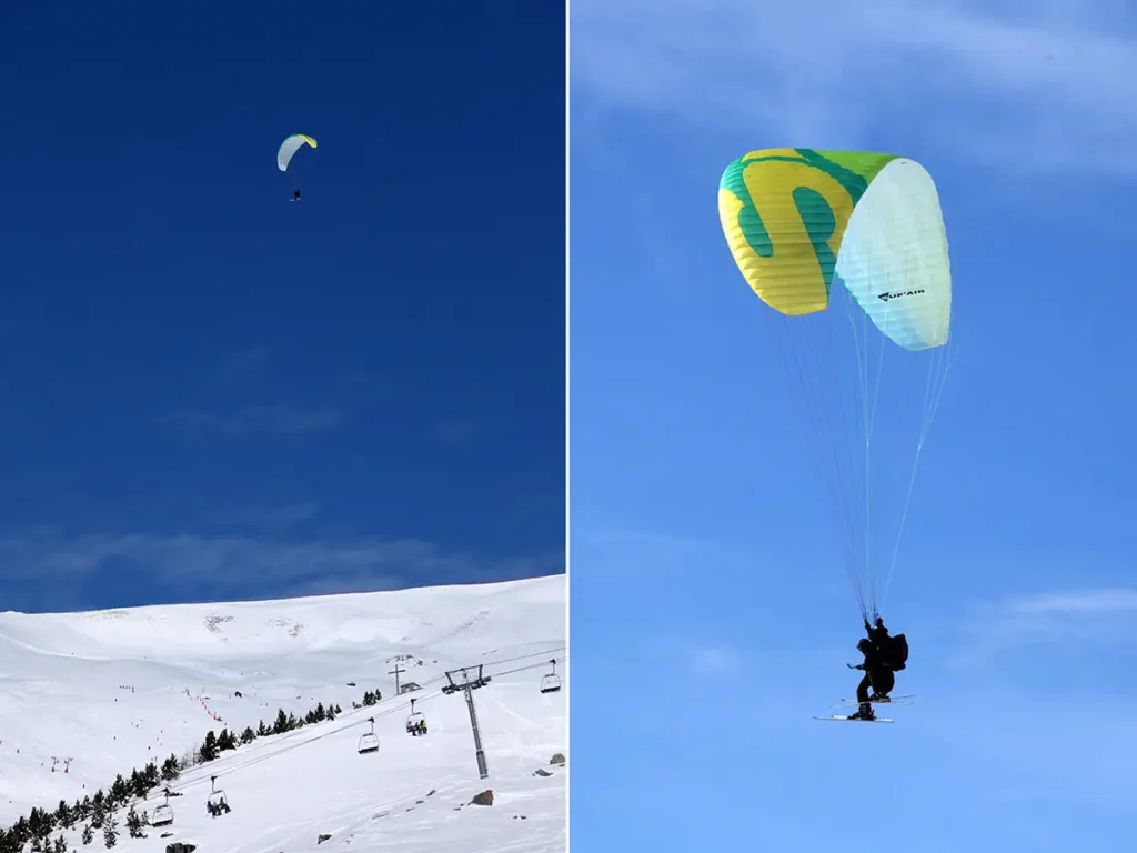 Diptyque illustrant un vol en parapente au-dessus des paysages enneigés d'Orcières Merlette 1850 dans les Hautes-Alpes