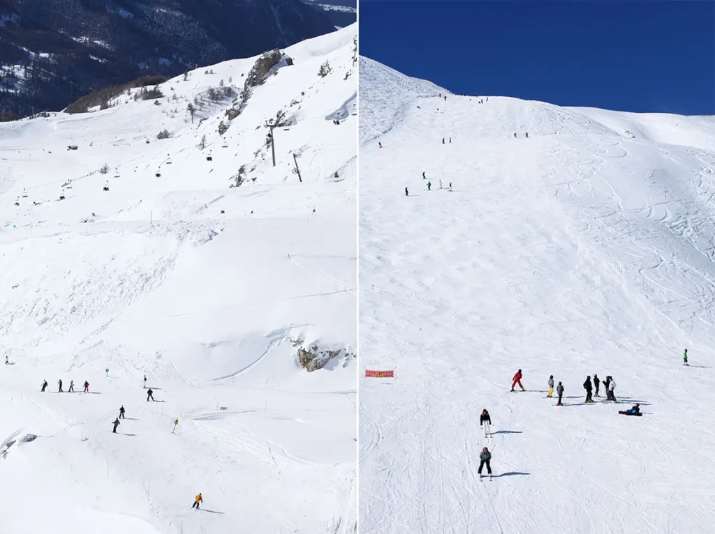 Diptyque montrant les pistes de ski en altitude et les vastes espaces enneigés d'Orcières Merlette 1850 dans les Hautes-Alpes