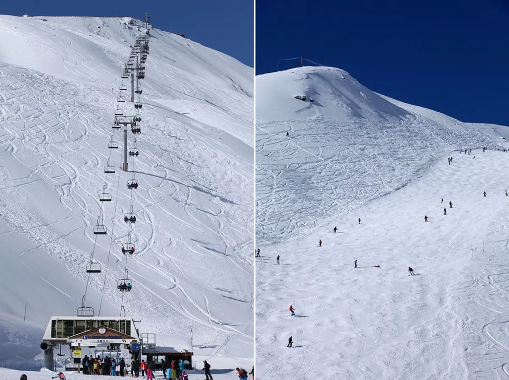 Diptyque illustrant les remontées mécaniques en altitude et les skieurs sur les grands espaces d'Orcières Merlette 1850 dans les Hautes-Alpes