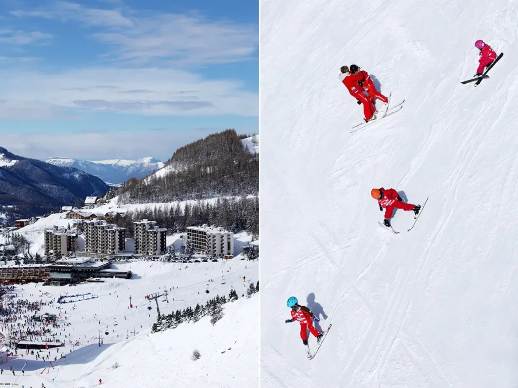 Diptyque montrant la station d'Orcières Merlette 1850 et des enfants en cours de ski encadrés par l'ESF dans les Hautes-Alpes