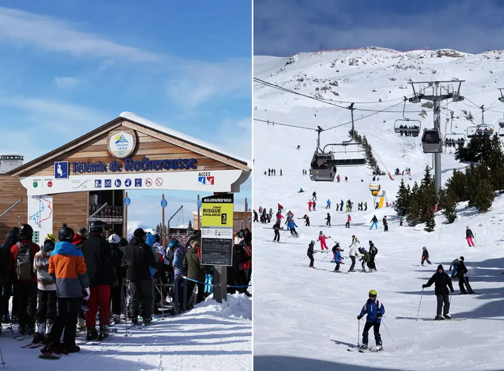 Diptyque montrant l'accès au Télémix de Rocherousse et les skieurs sur les pistes d'Orcières Merlette 1850 dans les Hautes-Alpes