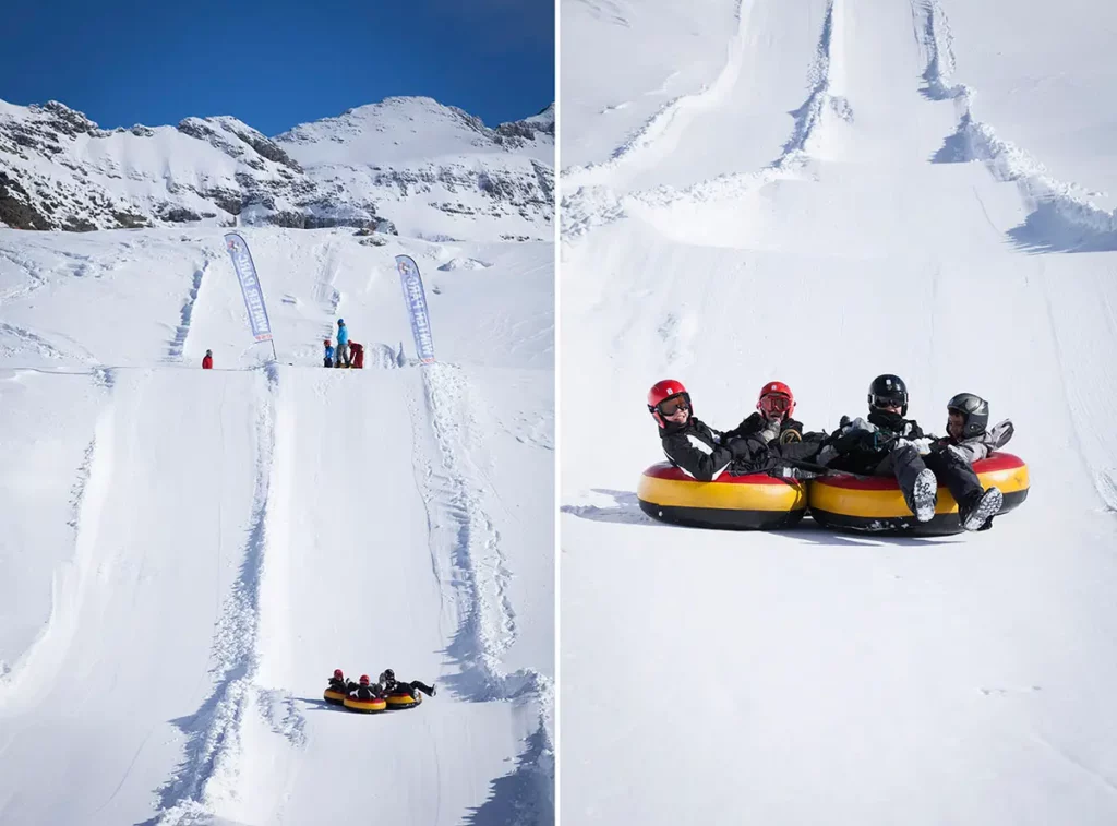Diptyque montrant les pistes et l'activité de bouées-luge en famille au Winterpark d'Orcières Merlette 1850 dans les Hautes-Alpes