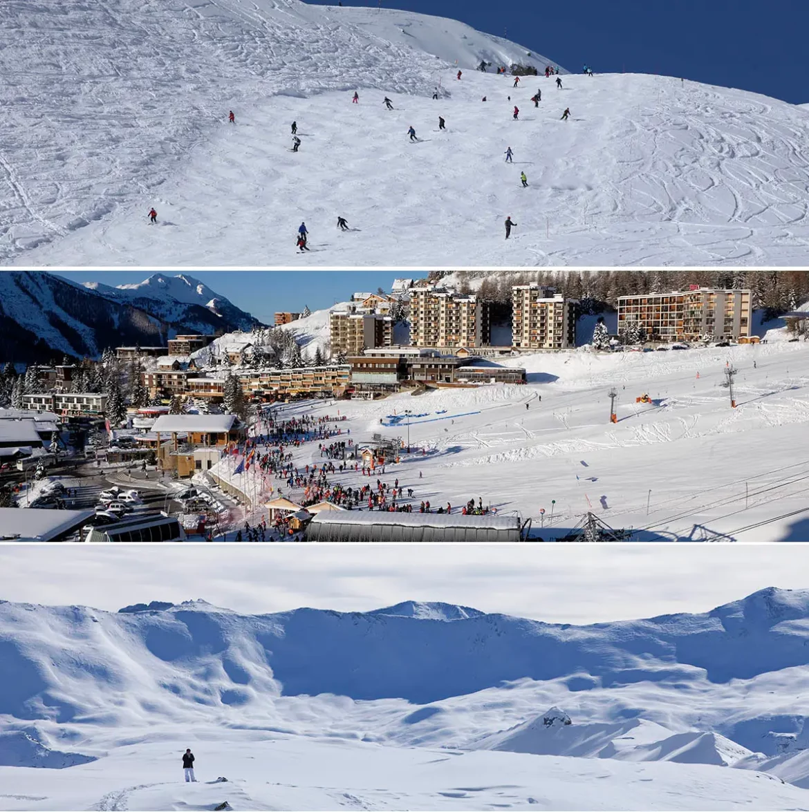 Triptyque photographique montrant les pistes de ski, le front de neige de la station et les grands espaces enneigés d'Orcières Merlette 1850 dans les Hautes-Alpes